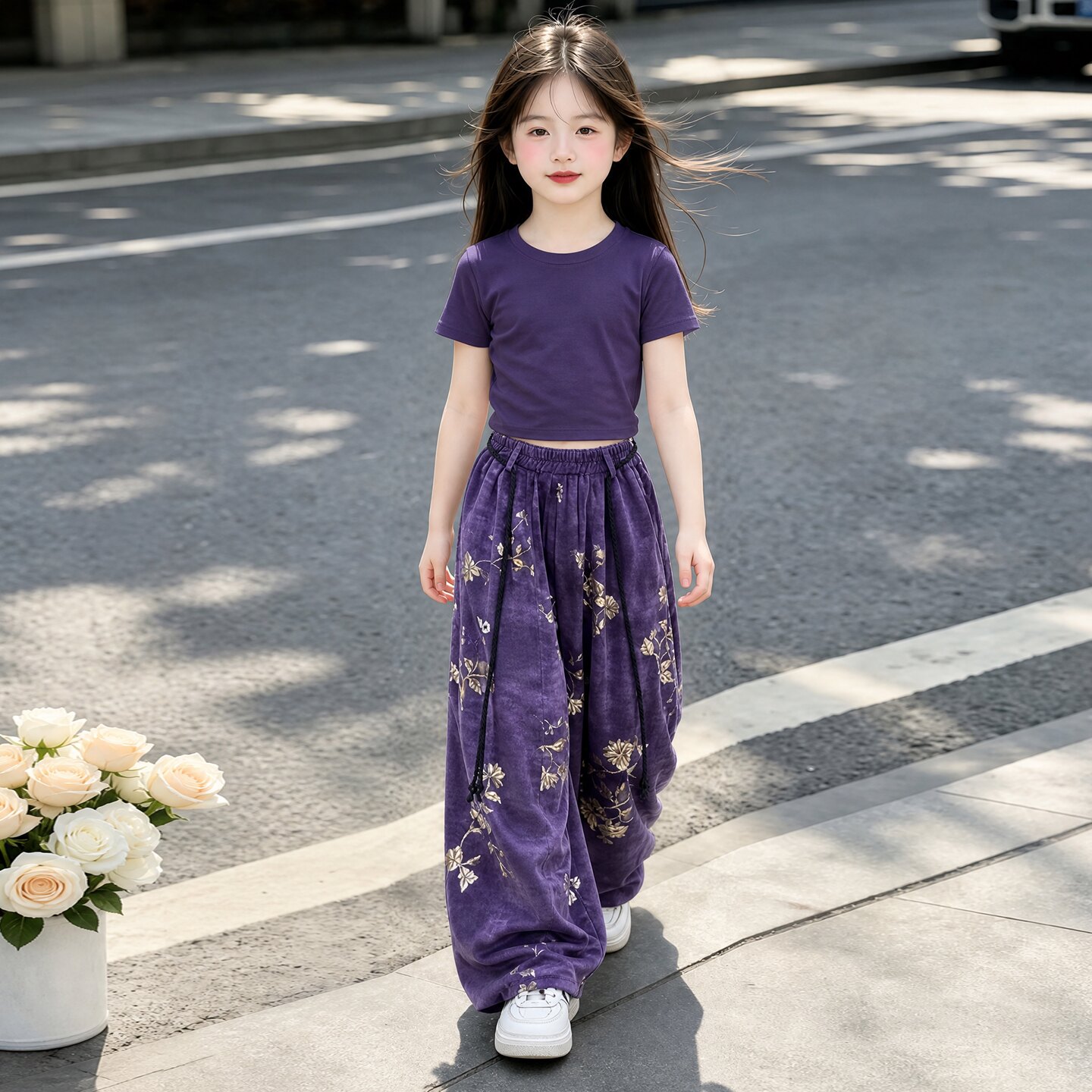 爵士舞女童紫色短袖花朵印花阔腿长裤两件套2026夏季款休闲风套装
