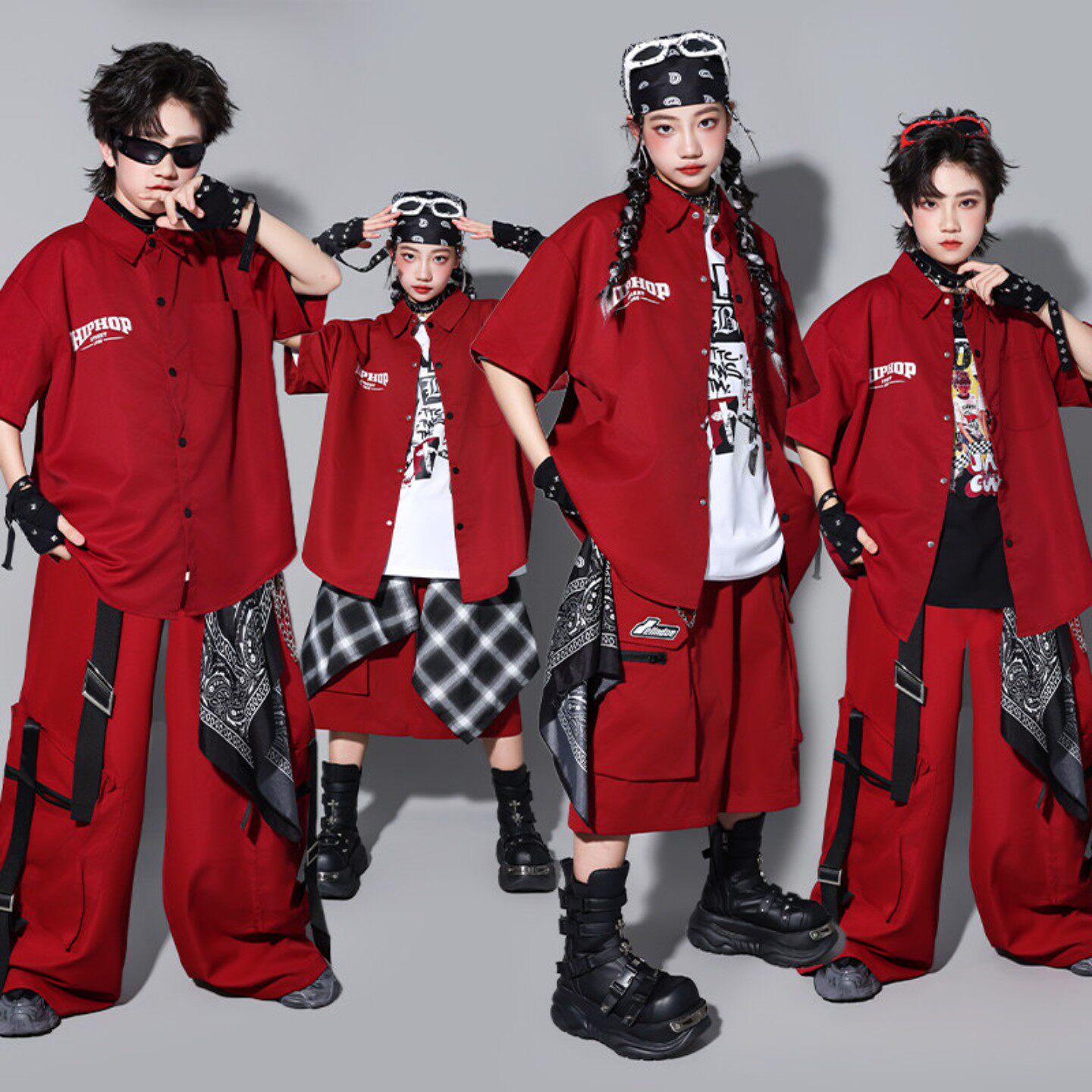 六一儿童红色hiphop街舞衬衫演出服少儿嘻哈套装男童架子鼓服装潮