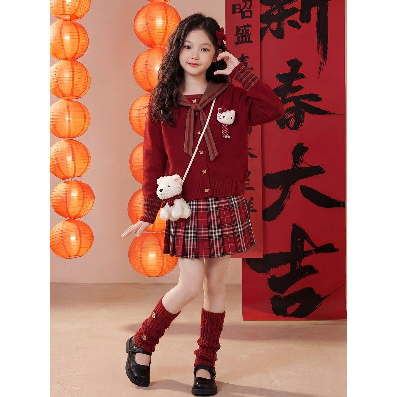 女童红色毛衣裙子套装秋冬2026新款儿童冬装新年装衣服女孩拜年服