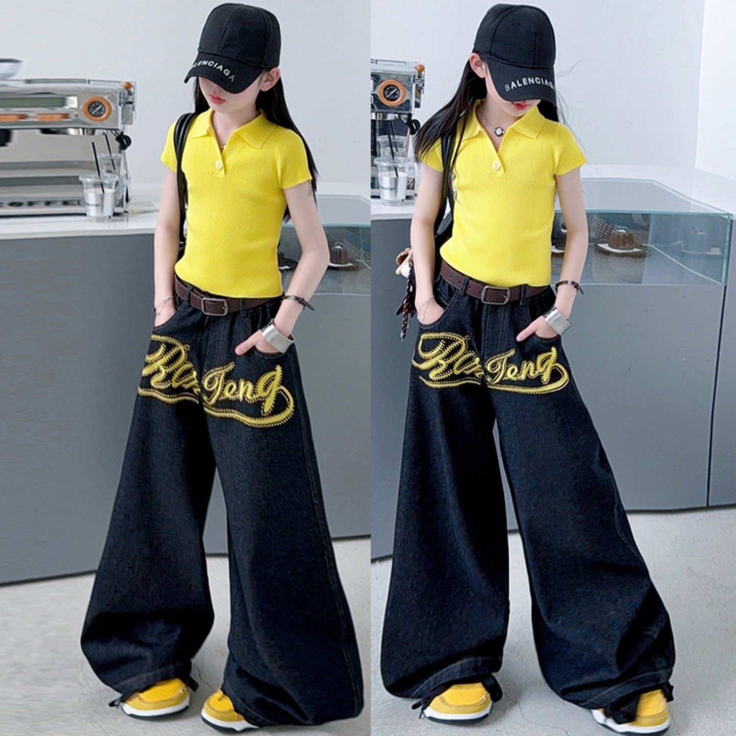 皮皮妞女童爵士韩版街头风演出服黄色冰丝短袖烫钻牛仔阔腿裤套装