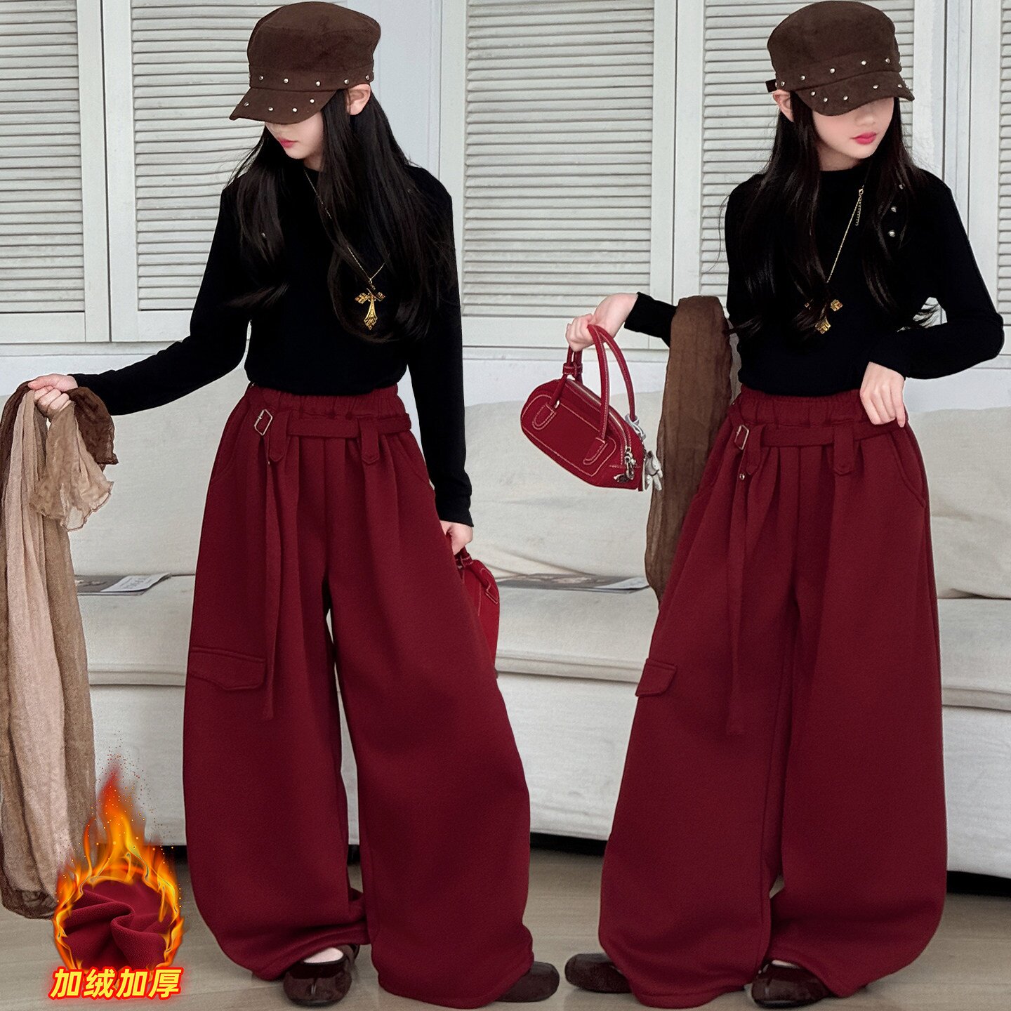爵士舞服装女童街舞儿童潮服秋冬女孩加绒阔腿工装裤舞蹈表演出服