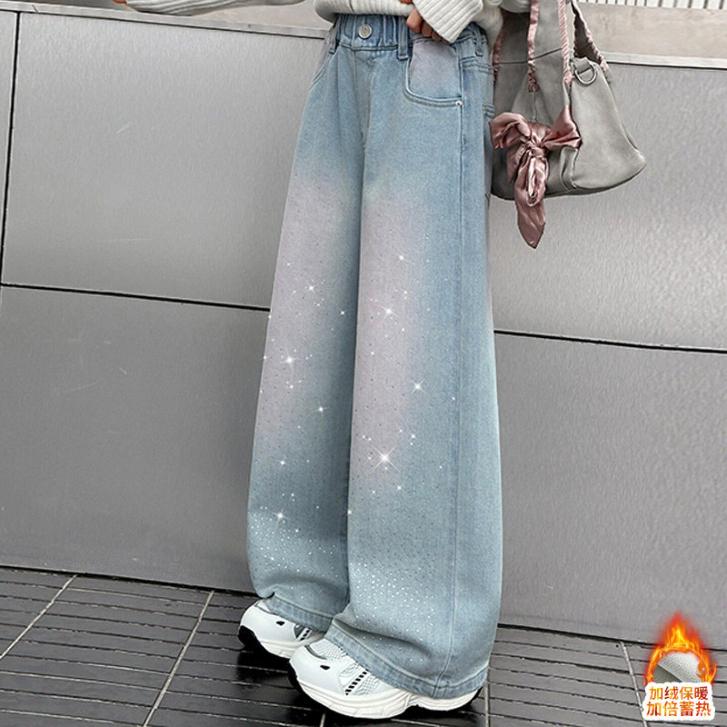 女童秋冬款加绒牛仔裤2026新款中大童女孩渐变烫钻裤子加厚阔腿裤