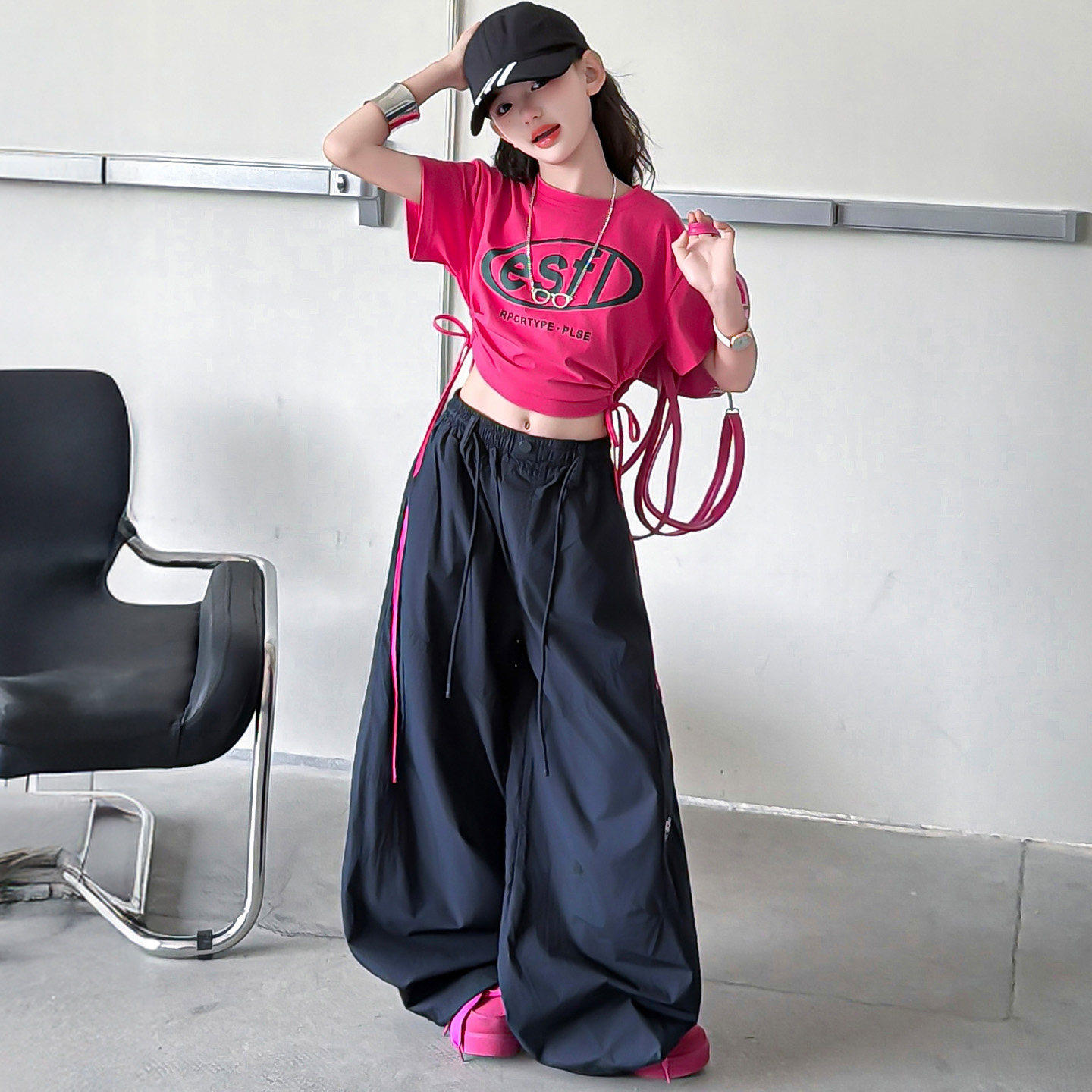 爵士舞服装女童kpop街舞潮服表演练功服夏季露脐T酷甜多巴胺穿搭