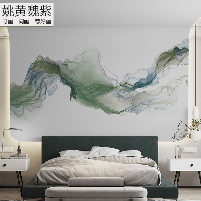 入户迎门墙壁纸新l款复式楼挑高背景墙中式极简线条绿色展厅壁布