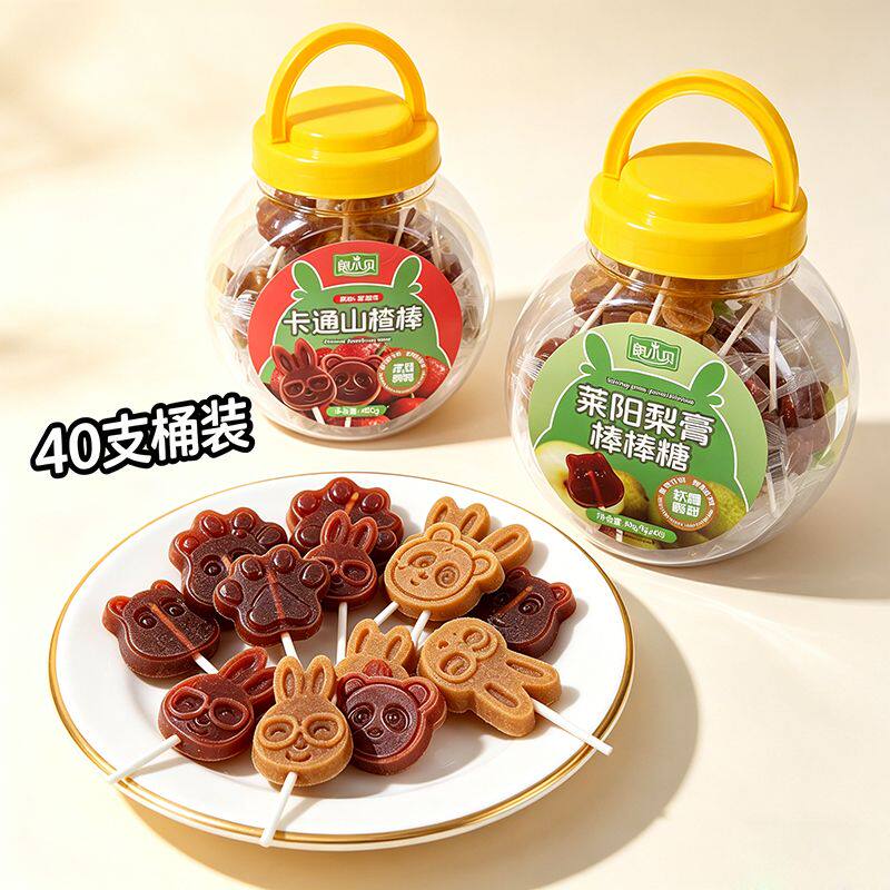 朗小贝莱阳梨膏棒棒糖卡通山楂棒棒糖桶装儿童糖果网红休闲零食