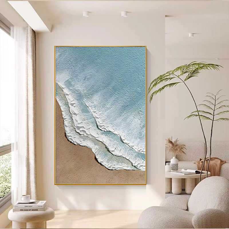 纯手绘厚肌理立体浮雕画海浪油画客厅背景墙装饰画高级感挂画定制图片