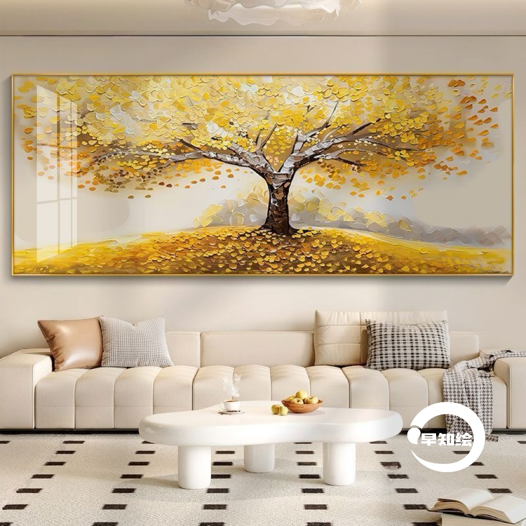 发财树客厅装饰画寓意好沙发背景墙挂画招财横幅现代轻奢卧室壁画