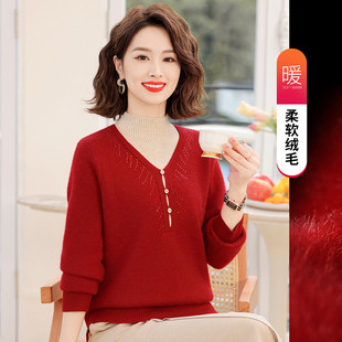 台格保暖绒毛秋冬季妈妈装时尚设计感拼色半高领烫钻针织衫毛衣女