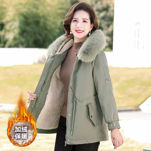 台格【加绒】冬季时尚妈妈装中老年装外套毛领连帽中长款棉衣女