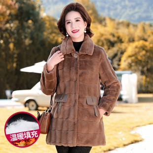 台格仿貂绒大衣秋冬季时尚妈妈阔太太翻领长袖中长款保暖棉外套女