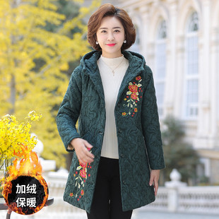 台格内里加绒冬装妈妈装中老年女装棉袄连帽绣花中长款棉服棉衣女