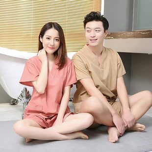 粗布开背按摩服全棉男女汗蒸服吸汗舒适浴服绣字LOGO睡衣 情侣新款