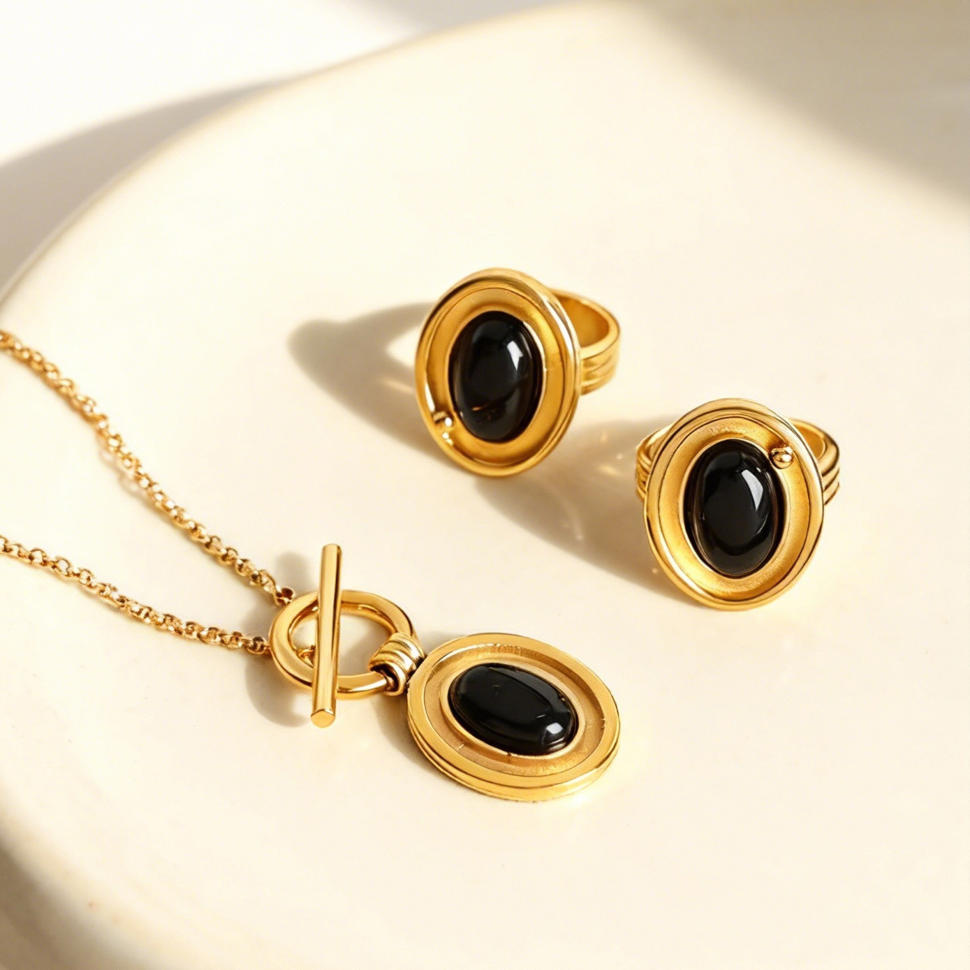 不锈钢天然玛瑙吊坠OT扣项链 个性优雅气质戒指套装镀18k金不掉色