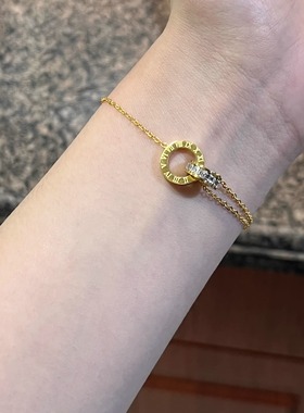 款日韩钛钢轻奢手链不掉色玫瑰金罗马数字双环ins个性手环手饰」