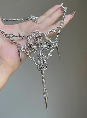 亚比文化设计荆棘十字架吊坠锁骨链嘻哈蹦迪冷淡风y2k项链配饰