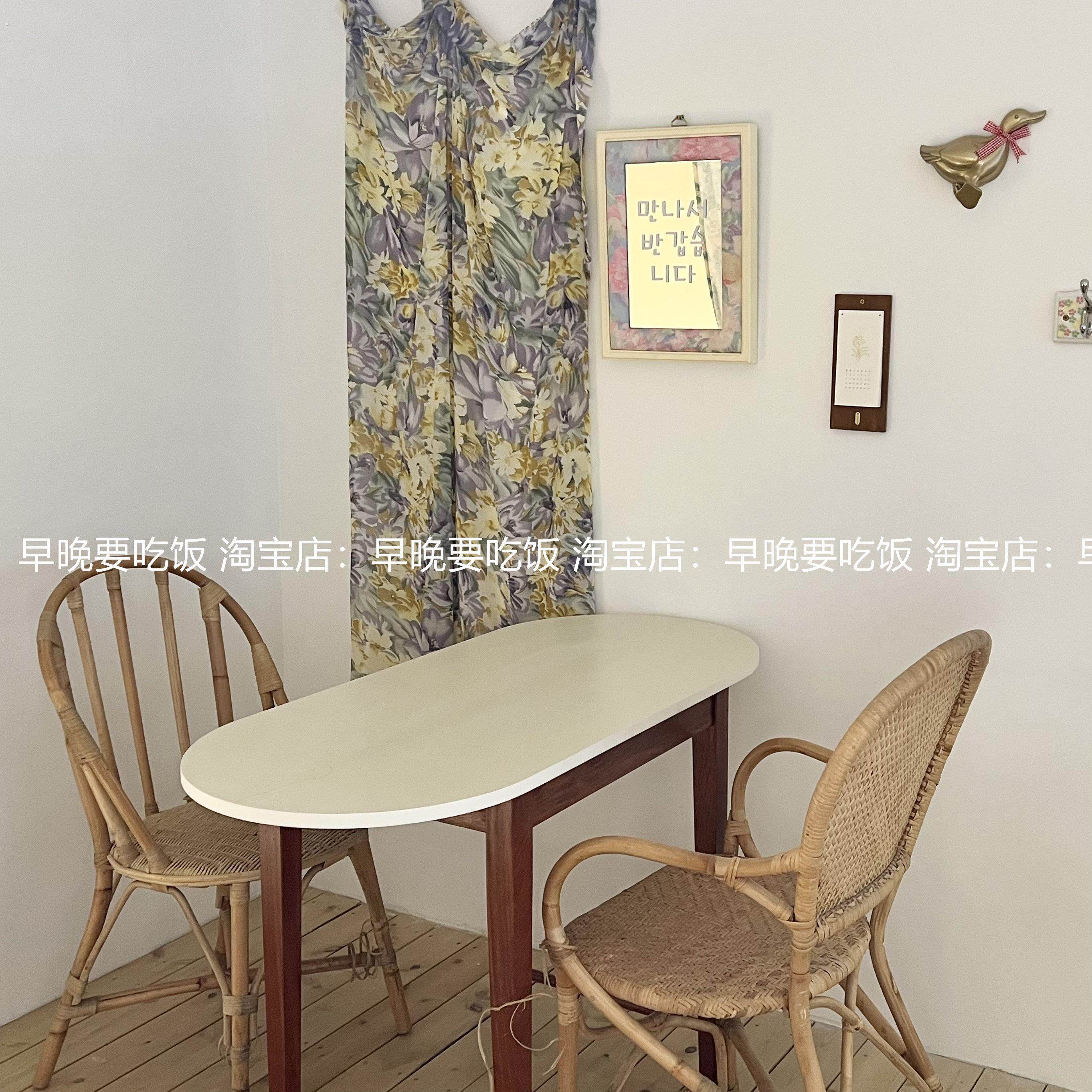 早晚要吃饭 出口中古实木椭圆彩色复古格子甜品咖啡店桌餐厅桌子