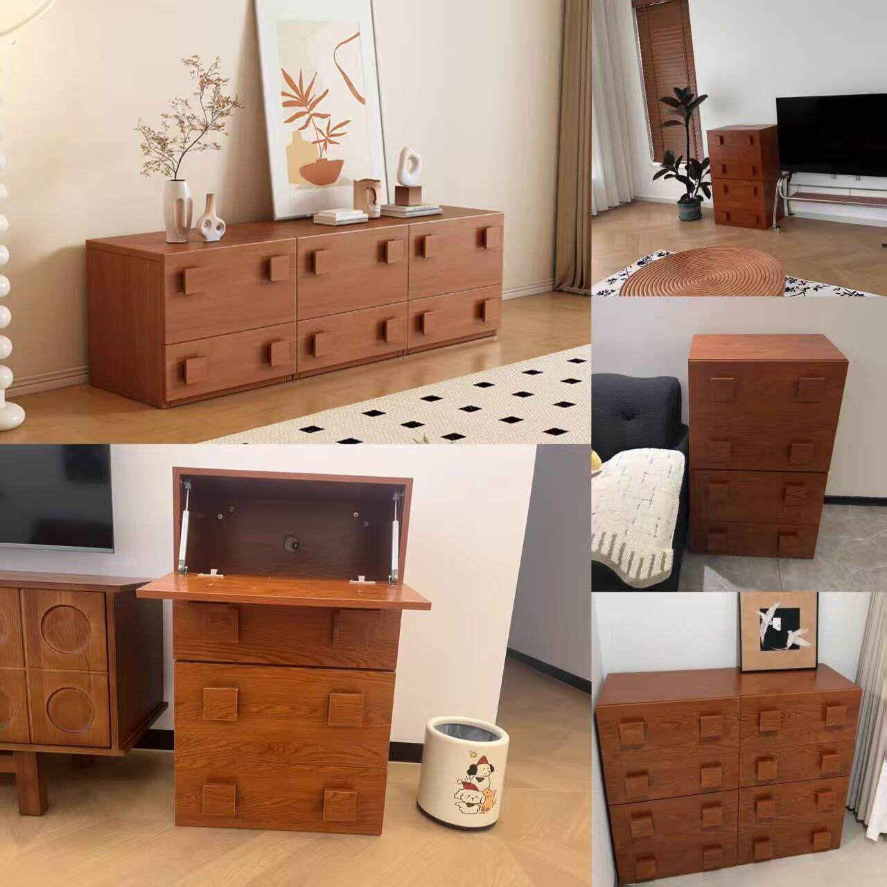 实木电视柜客厅家用落地复古卡门柜简约电视机边柜组合模块中古风