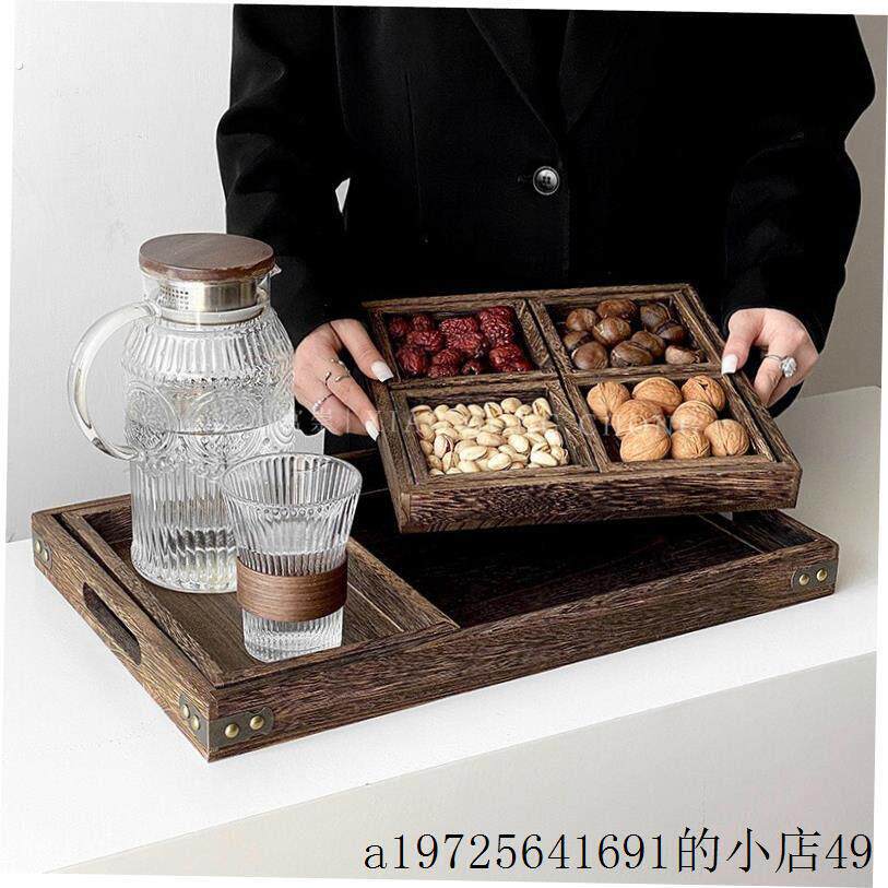 跨境复古茶盘烧桐木围炉煮茶七件套实木干果盘糕点下午茶分格托盘