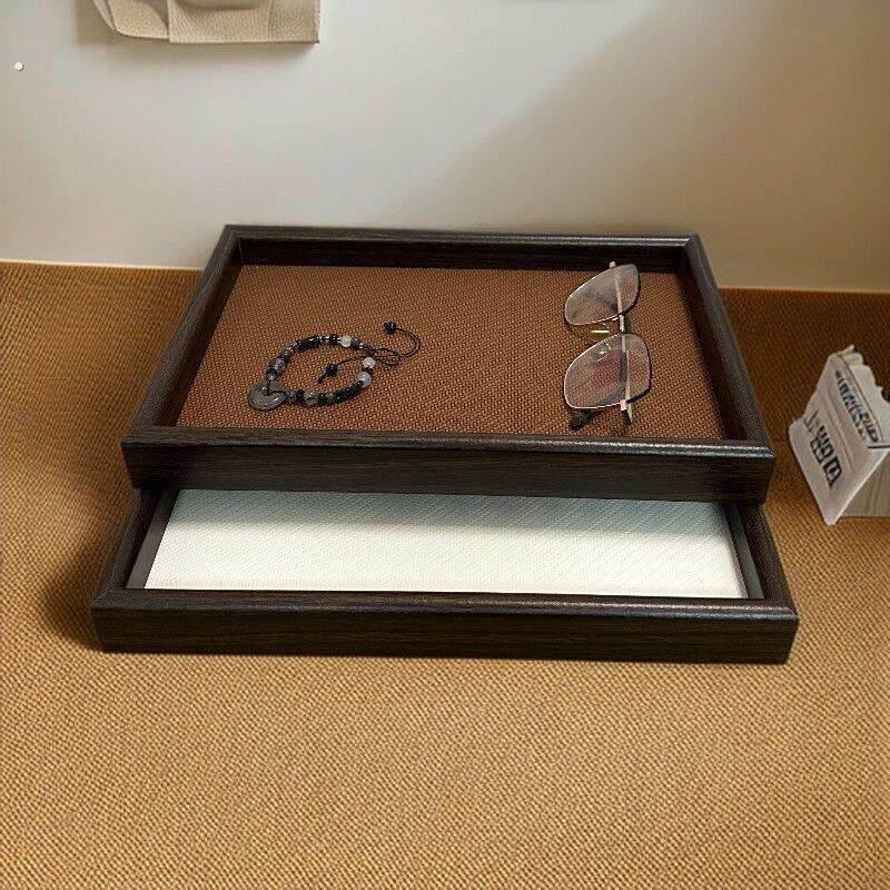 棕麻细纹轻奢收纳盘长方形复古边框日常家用茶盘珠宝首饰展示托盘