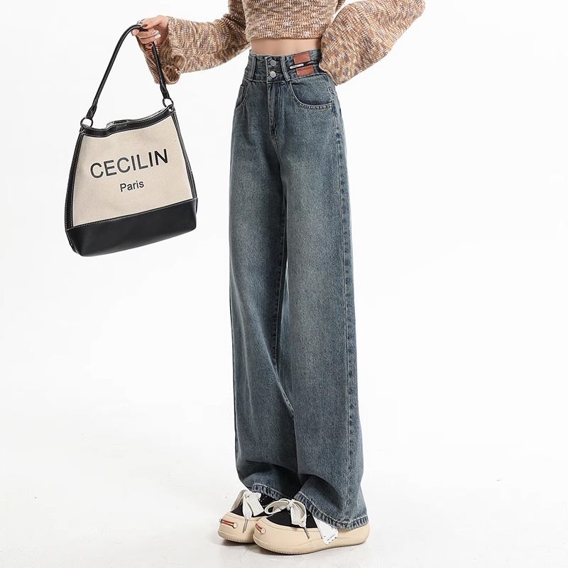 2025年春季新款复古阔腿牛仔裤女