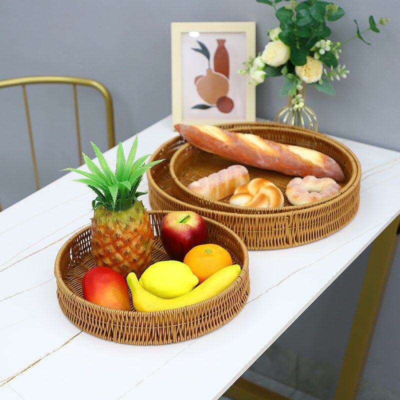 手工编织仿藤塑料圆形水果篮子零食面包收纳篮收纳杂物储物筐