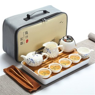 户外旅游包家用简约功夫茶壶茶杯车载竹茶盘 便携陶瓷旅行茶具套装