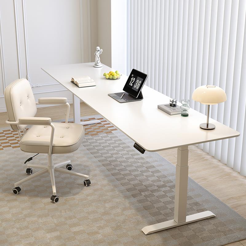 天台悦先奶油风电动升降桌家用纯白岩板电脑桌子工作台办公学习双