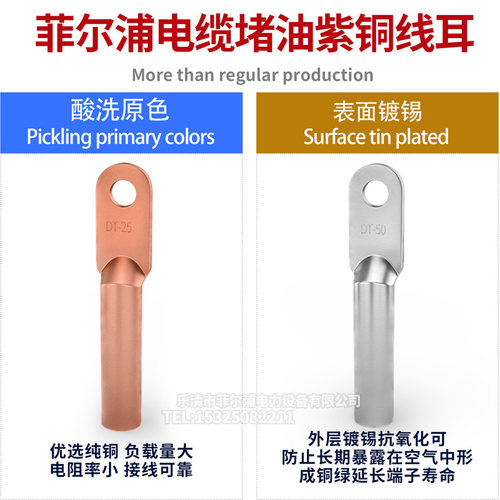 菲尔浦DT铜鼻子接线端子电缆堵油紫铜线耳DT-16 35 70 95接线鼻子