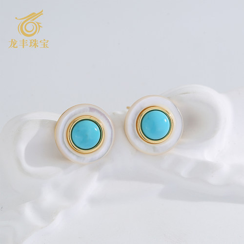正品天然绿松石圆形贝母耳钉女款