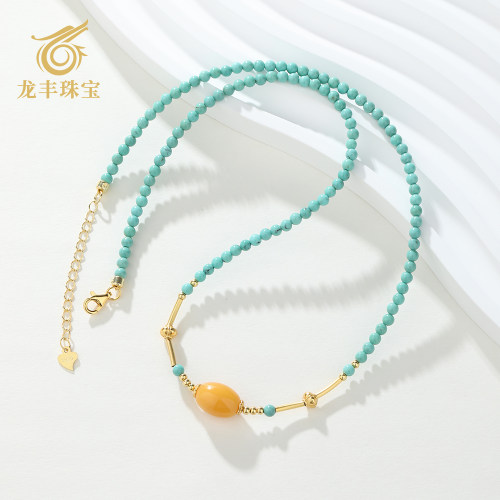 正品天然绿松石圆珠蜜蜡女款项链