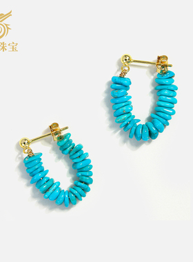 龙丰绿松轩正品天然绿松石S925银镀18K金籽料U型耳环女款轻奢耳饰