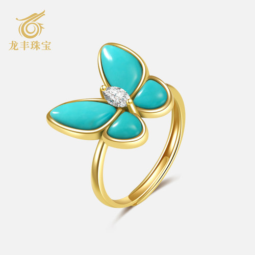 天然绿松石S925银镀18K金戒指