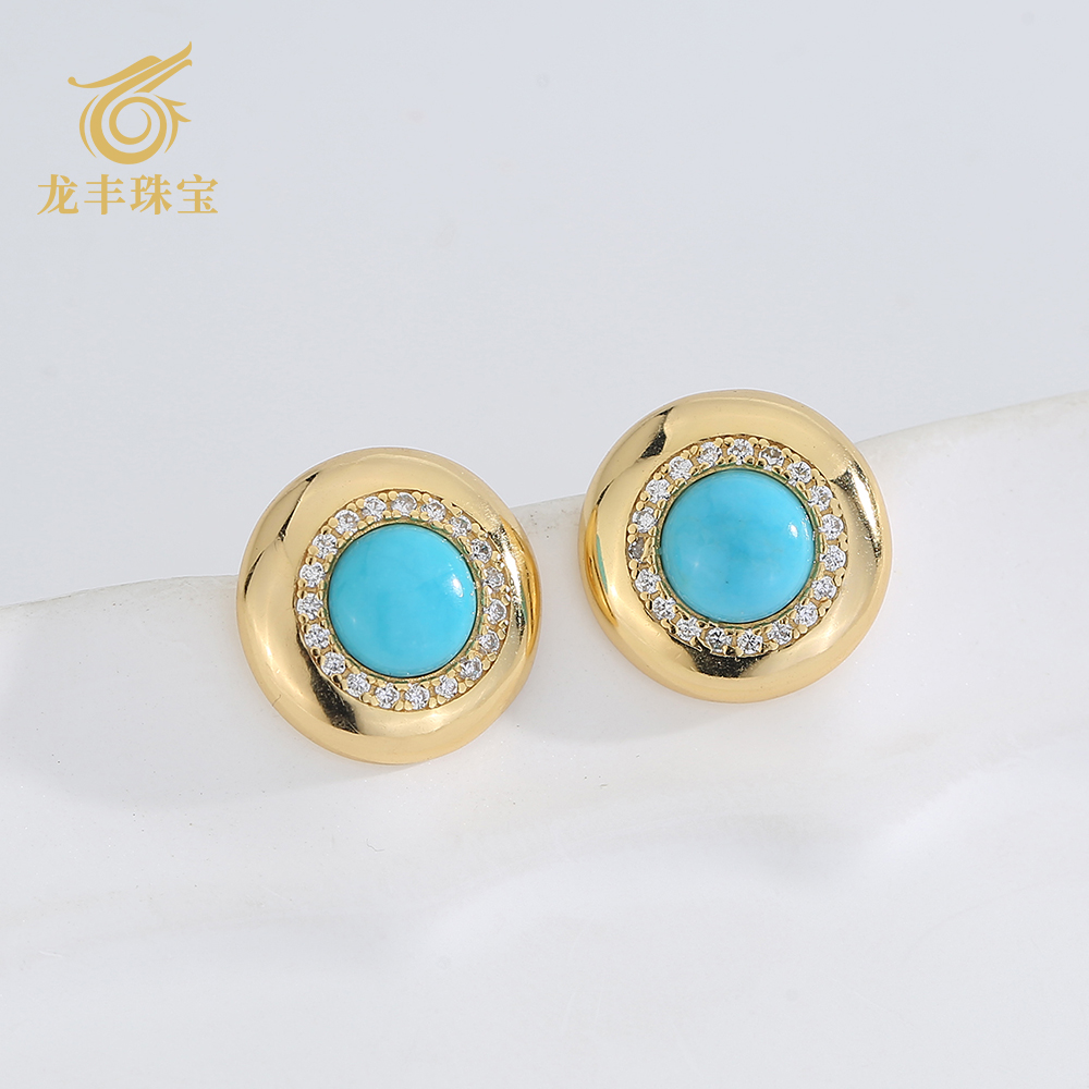 正品天然绿松石圆形耳钉女款高级