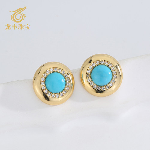 正品天然绿松石圆形耳钉女款高级