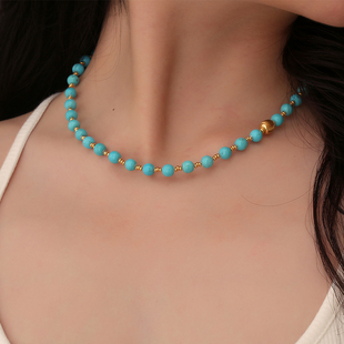 龙丰绿松轩S925银镀18k金绿松石圆珠diy项链女款 高级感百搭锁骨链