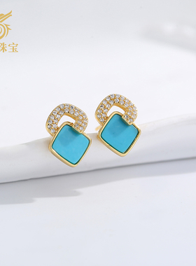 龙丰绿松轩S925银镀18K金正品天然绿松石方块耳钉女款高级感百搭