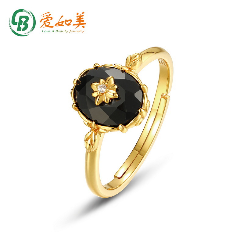 2023新款日韩风时尚流行黑玛瑙戒指复古花纹S925纯银戒指一件代发