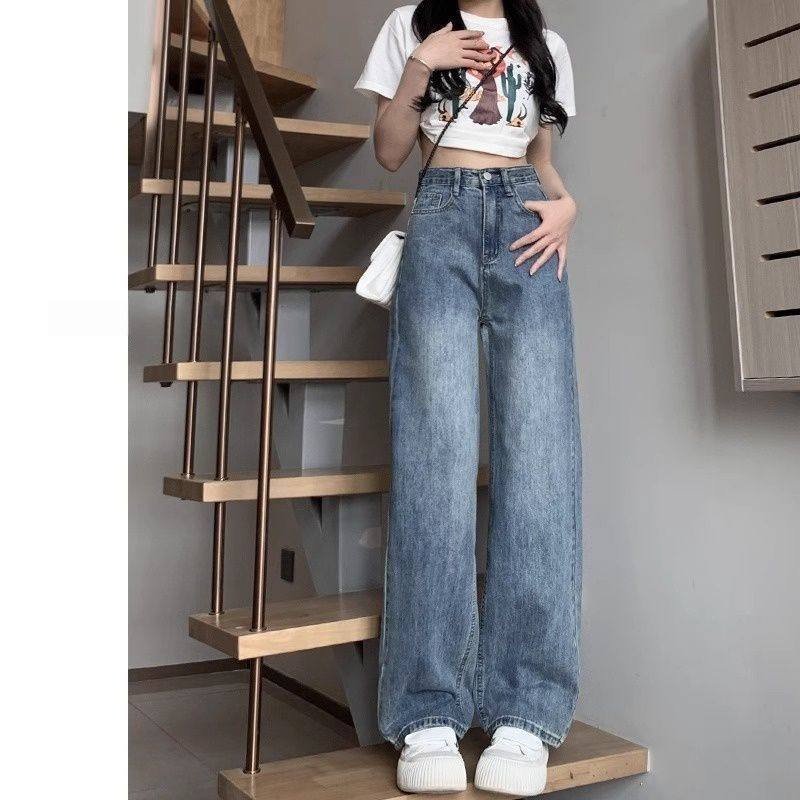 美式秋冬加绒黑灰色直筒牛仔裤女新款小个子显瘦宽松高腰阔腿裤子