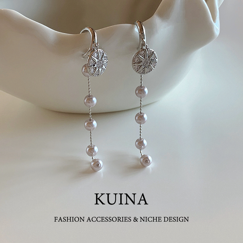 长款珍珠流苏耳环纯银针耳钉女