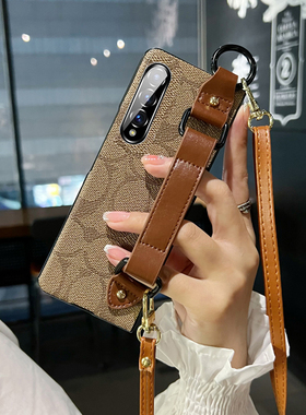 适用三星ZFold5手机壳zfold4折叠屏幕框fold3腕带支架F9260斜跨挂绳w2022欧美w21复古手工定制时尚防摔轻奢女