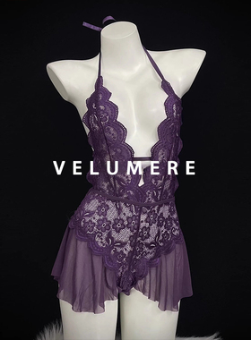 雾岛「春光乍泄」性感蕾丝花边裙露背低胸V领挂脖连体睡衣