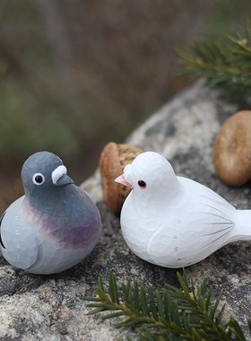 鹿妖商店 肥啾鸟木雕小鸟 和平鸽子 白鸽手工实木桌V面摆件 小胖