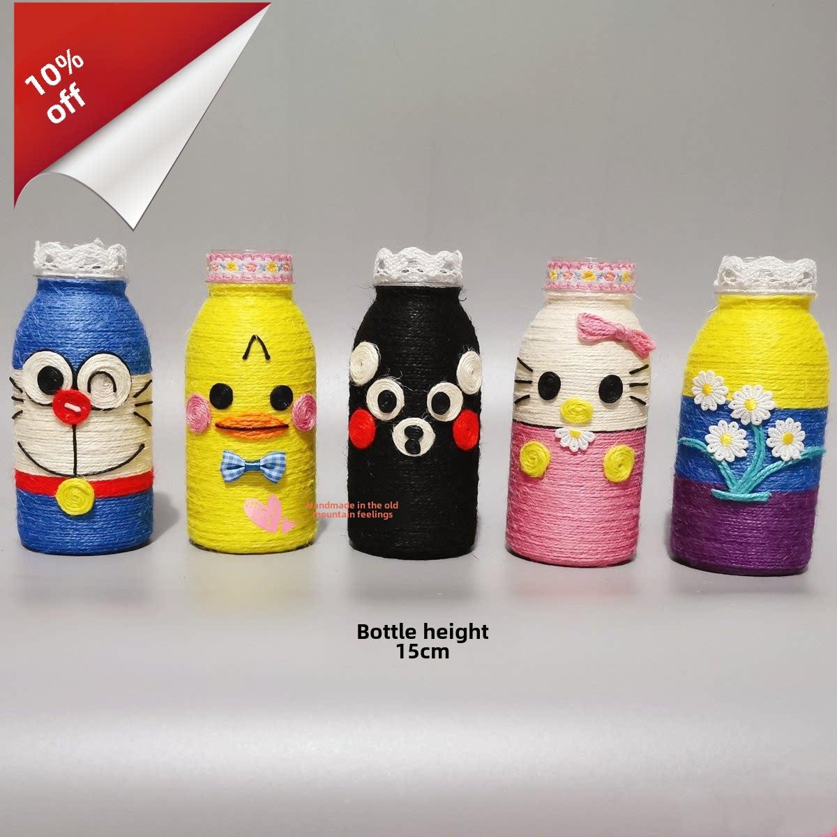 饮料瓶废旧材料创意手工制作diy麻绳塑料花瓶幼儿园作品环保作业