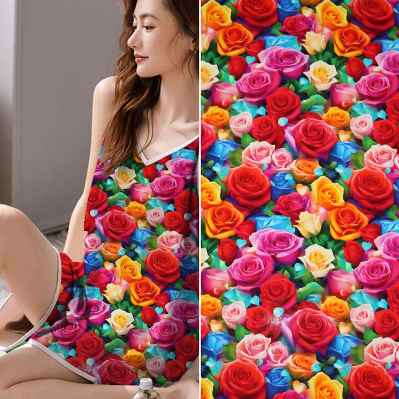 彩色3D玫瑰花立体印花棉绸布料 服装夏凉被面料手工diy人造棉布头