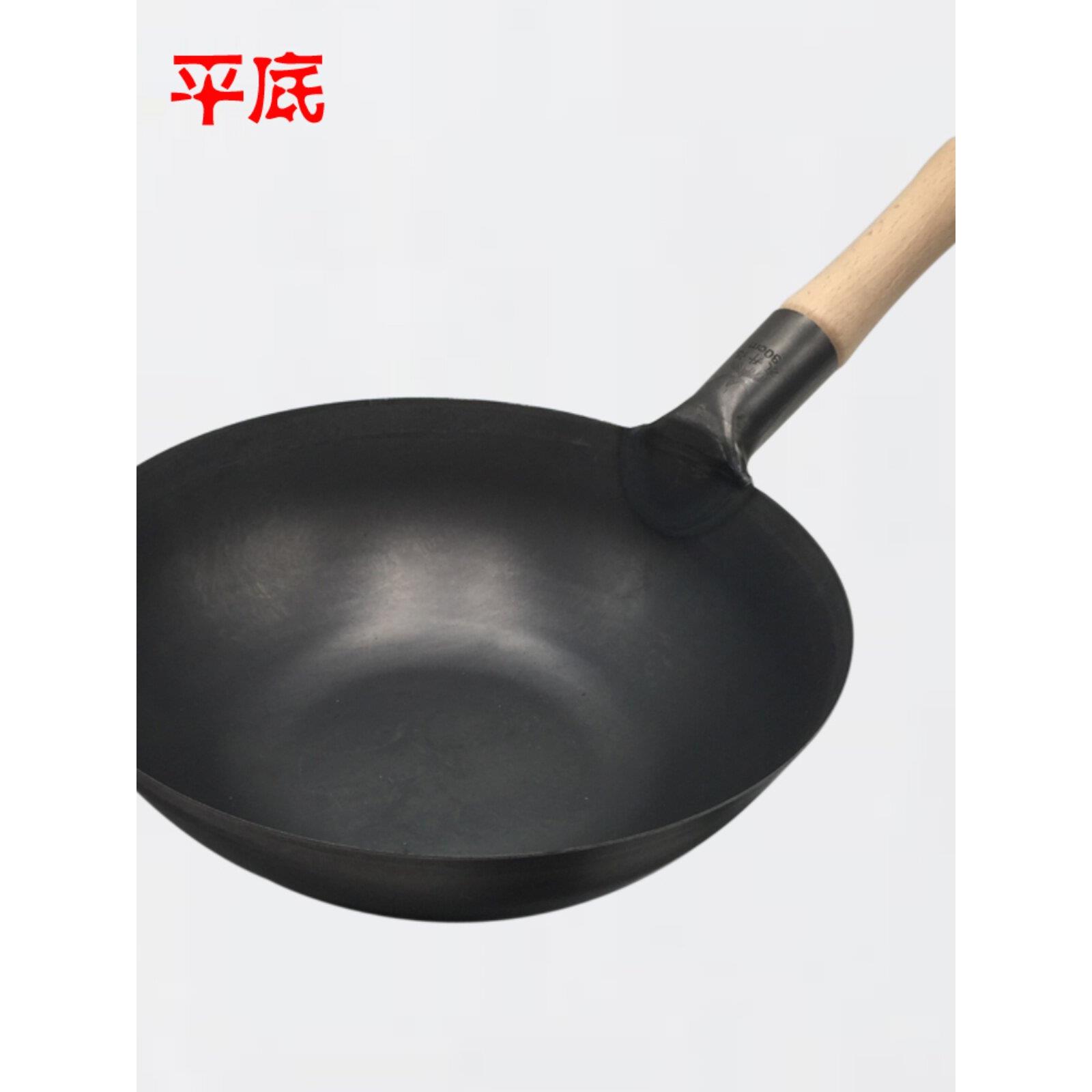 友升记厚底薄边熟铁无涂层 木柄圆底平底纯铁锅传统炒锅上海友生
