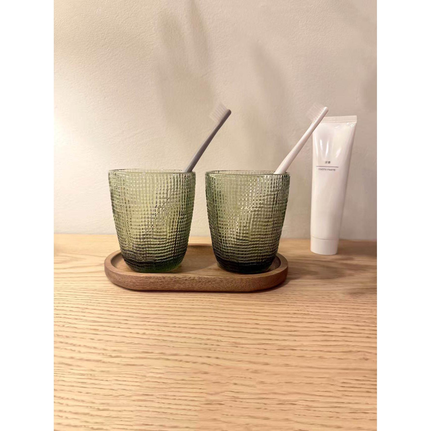 浮雕玻璃漱口杯家用牙刷杯酒店刷牙杯情侣牙杯透明水杯洗漱杯套装