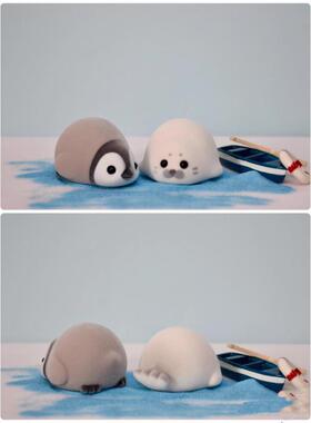 24年新款搪胶趴姿植绒公仔企鹅海豹猫可爱桌面摆件毛绒公仔玩具