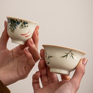 德化草木灰手绘陶瓷主人杯单杯家用功夫茶具品茗杯个人专用喝茶杯
