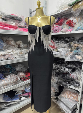 欧美奢华流苏水钻性感镂空高开叉黑色吊带连衣裙女神红毯派对