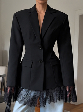 温柔风小众设计感黑色小西装外套女秋季百搭收腰长袖蕾丝拼接